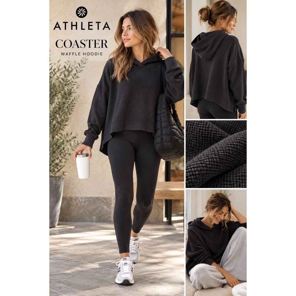 Athleta Coaster Waffle Hoodie L Black Oversized Tencel Tranquil Style